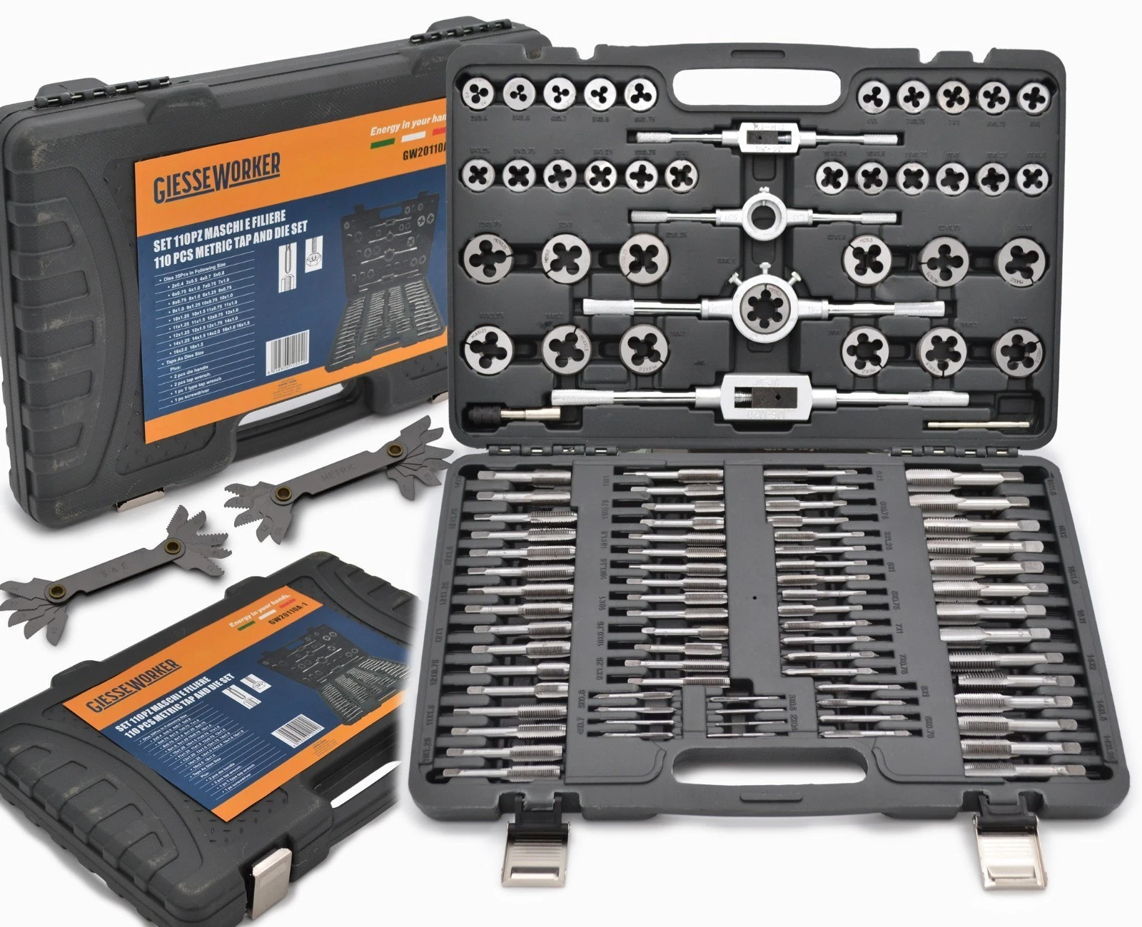 Set Filiera Per Filettature Maschi e Filiere M2-M18 Kit 110 Pz + 2 Contafiletti