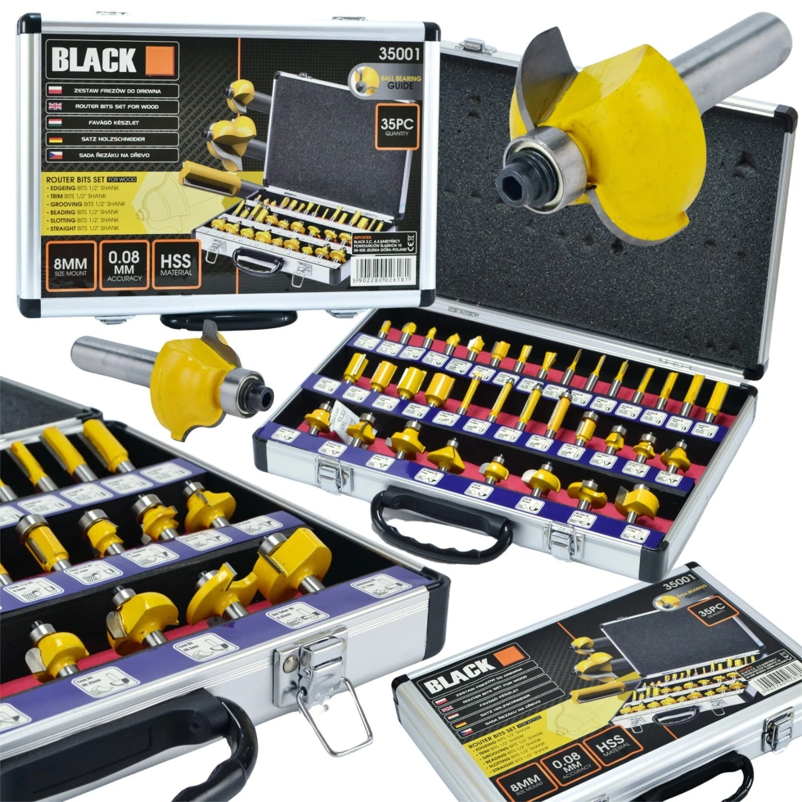 Set Frese Legno 35 pz Kit Fresatrice Pantografo Gambo 8mm Fresatura in Valigetta